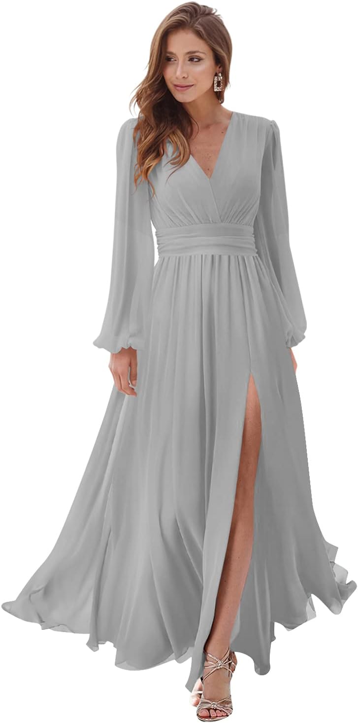 Women's Long Sleeve Bridesmaid Dresses with Slit V Neck A Line Chiffon Formal Evening Gowns with Pockets Mother of the Bride Gowns