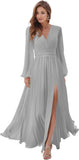 Women's Long Sleeve Bridesmaid Dresses with Slit V Neck A Line Chiffon Formal Evening Gowns with Pockets Mother of the Bride Gowns
