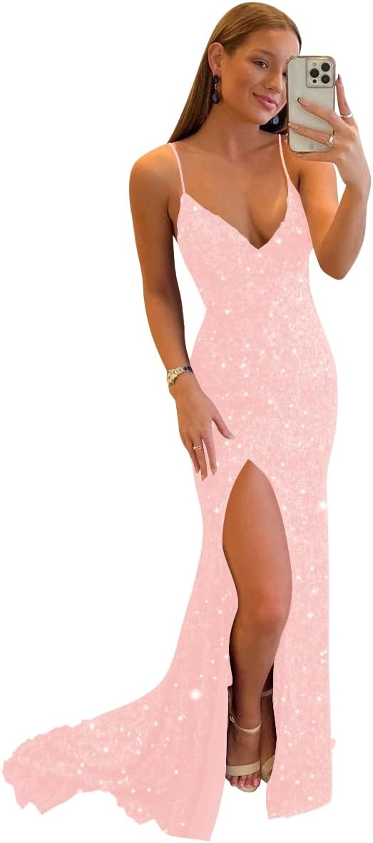 Women's Sequin Mermaid Prom Dresses with Slit Glitter Criss-Cross Long Formal Evening Gowns