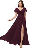 Vestidos de dama de honor largos con escote en V y volantes de gasa para mujer, vestidos de noche formales