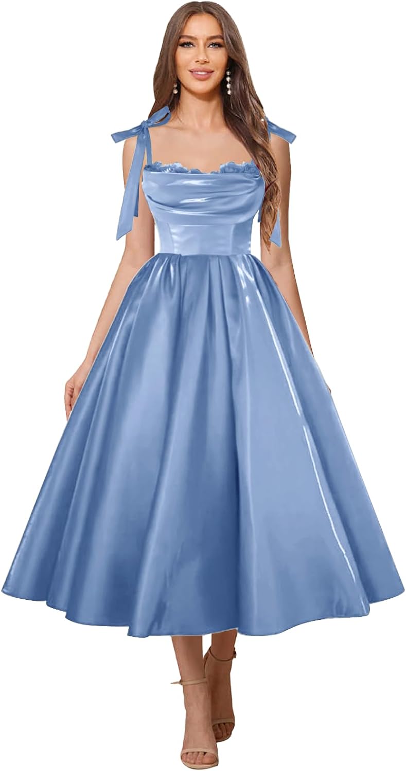 Satin Prom Dresses for Women Spaghetti Straps Corset A-Line Ball Formal Gowns Tea Length with Pockets