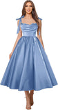 Satin Prom Dresses for Women Spaghetti Straps Corset A-Line Ball Formal Gowns Tea Length with Pockets