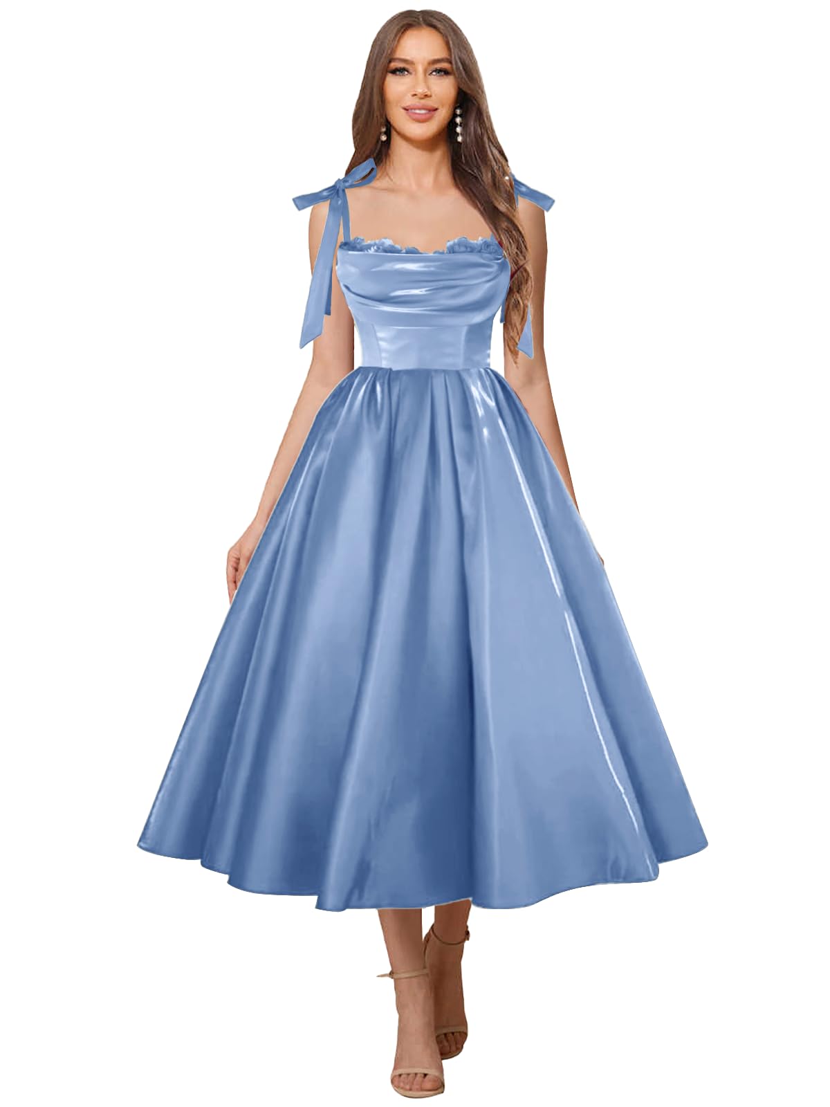 Satin Prom Dresses for Women Spaghetti Straps Corset A-Line Ball Formal Gowns Tea Length with Pockets