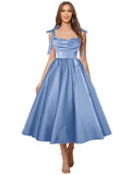 Satin Prom Dresses for Women Spaghetti Straps Corset A-Line Ball Formal Gowns Tea Length with Pockets