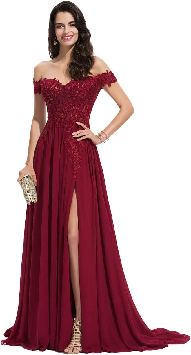 Women's Off The Shoulder Long Prom Dresses with Slit Lace Appliqued Chiffon Formal Party Gowns