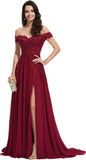 Women's Off The Shoulder Long Prom Dresses with Slit Lace Appliqued Chiffon Formal Party Gowns