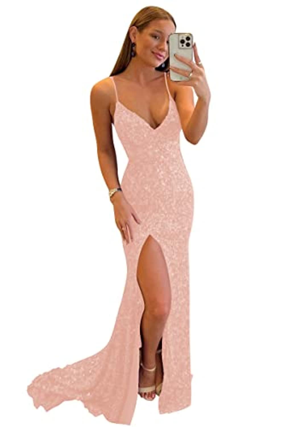 Women's Spaghetti Straps Sequin Prom Dresses Mermaid Sleeveless Double V-Neck Sparkle Evening Dress with Slit