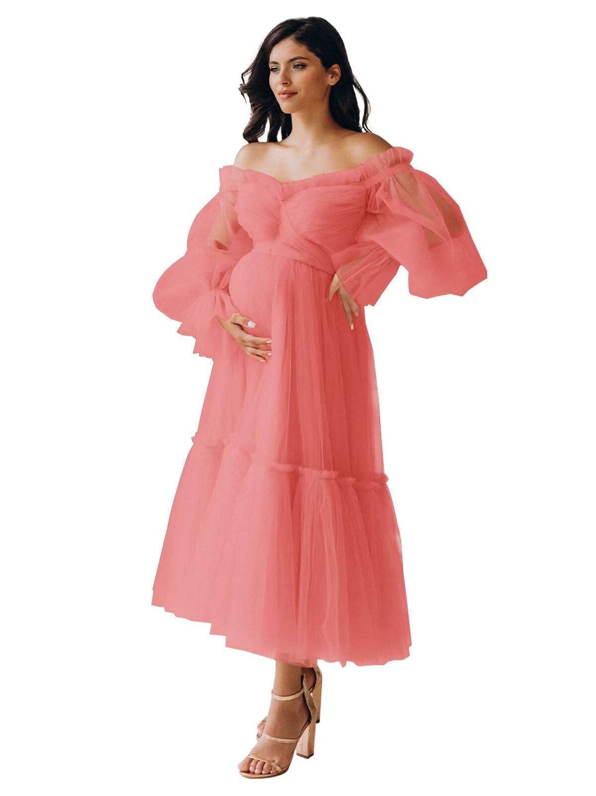 Eightale Tulle Tea Length Maternity Dresses for Photo Shoot Long Sleeve Pregnancy Gown for Baby Shower