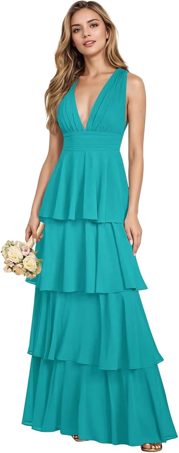 V Neck Chiffon Bridesmaid Dresses for Women 2027 Long Tiered A-Line Ruffles Formal Evening Party Dress