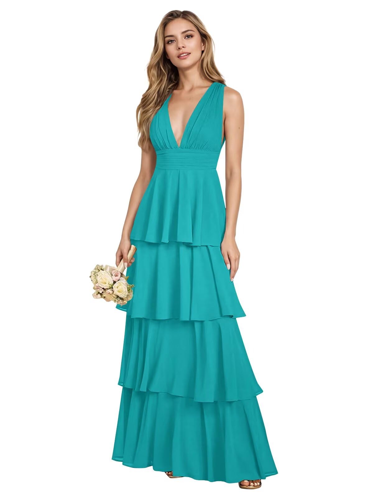 V Neck Chiffon Bridesmaid Dresses for Women 2027 Long Tiered A-Line Ruffles Formal Evening Party Dress