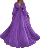 Langes Ballkleid mit Puffärmeln, Tüll, Ballkleid für Damen, Brautkleider, V-Ausschnitt, formelle Abendkleider