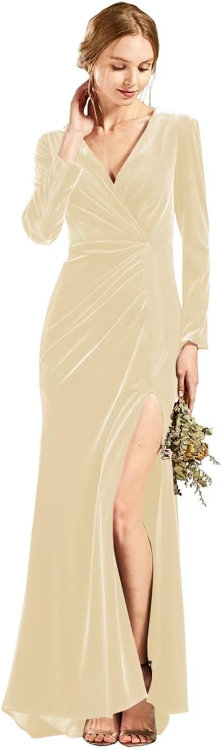 Langärmliges Brautjungfernkleid aus Samt mit Schlitz, V-Ausschnitt, Meerjungfrau-Stil, formelles Kleid für Damen