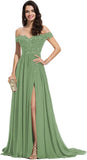 Women's Off The Shoulder Long Prom Dresses with Slit Lace Appliqued Chiffon Formal Party Gowns