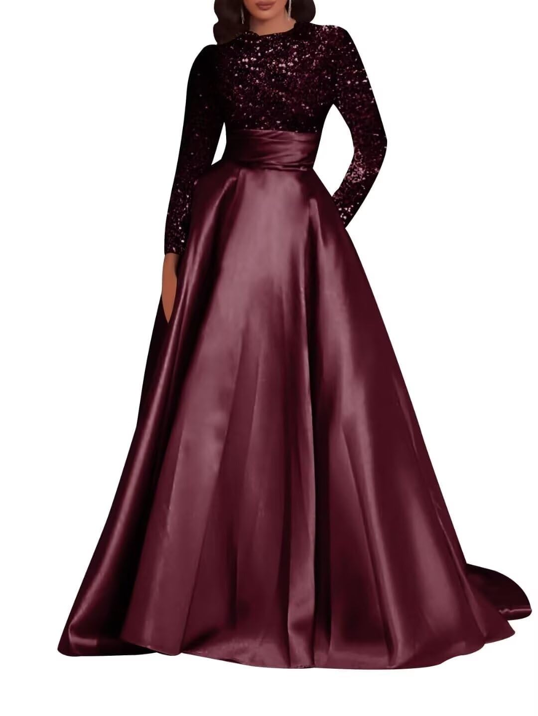 Kingbridal Gowns Long Sleeve Sequin Prom Dresses for Women Satin A-line Formal Dress 2026 Sparkly Evening Party Gowns with Pockets