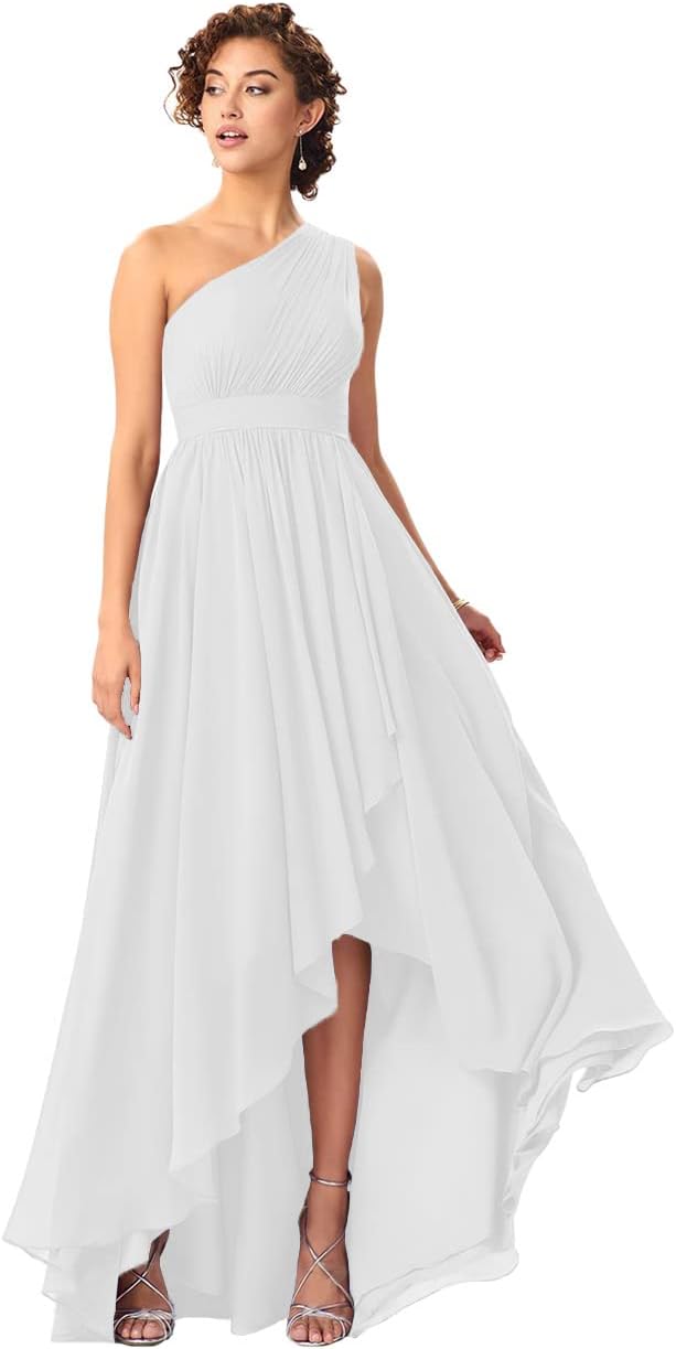 Women's One Shoulder Bridesmaid Dresses High Low Chiffon Formal Party Gowns with Pockets