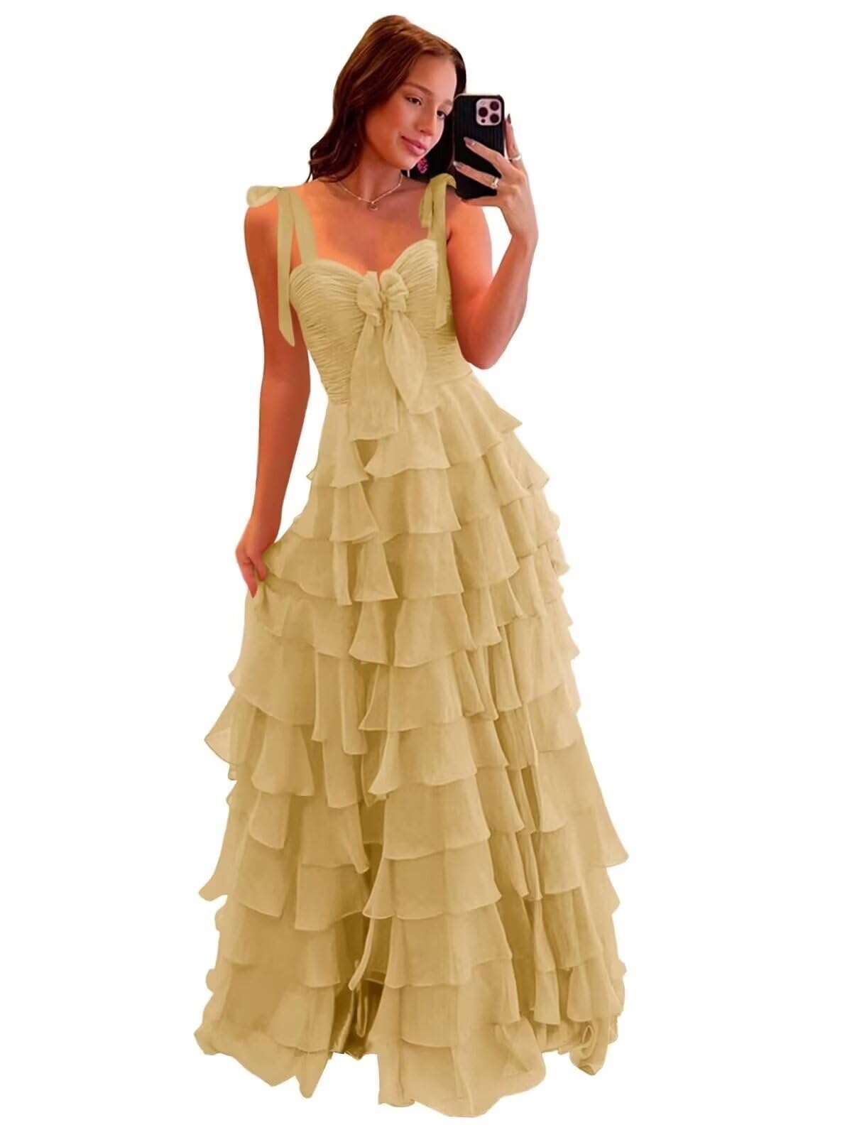 Tiered Prom Dresses with Bow Long A-Line Chiffon Formal Evening Dress for Women Spaghetti Straps Slit Ball Gown