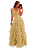 Tiered Prom Dresses with Bow Long A-Line Chiffon Formal Evening Dress for Women Spaghetti Straps Slit Ball Gown
