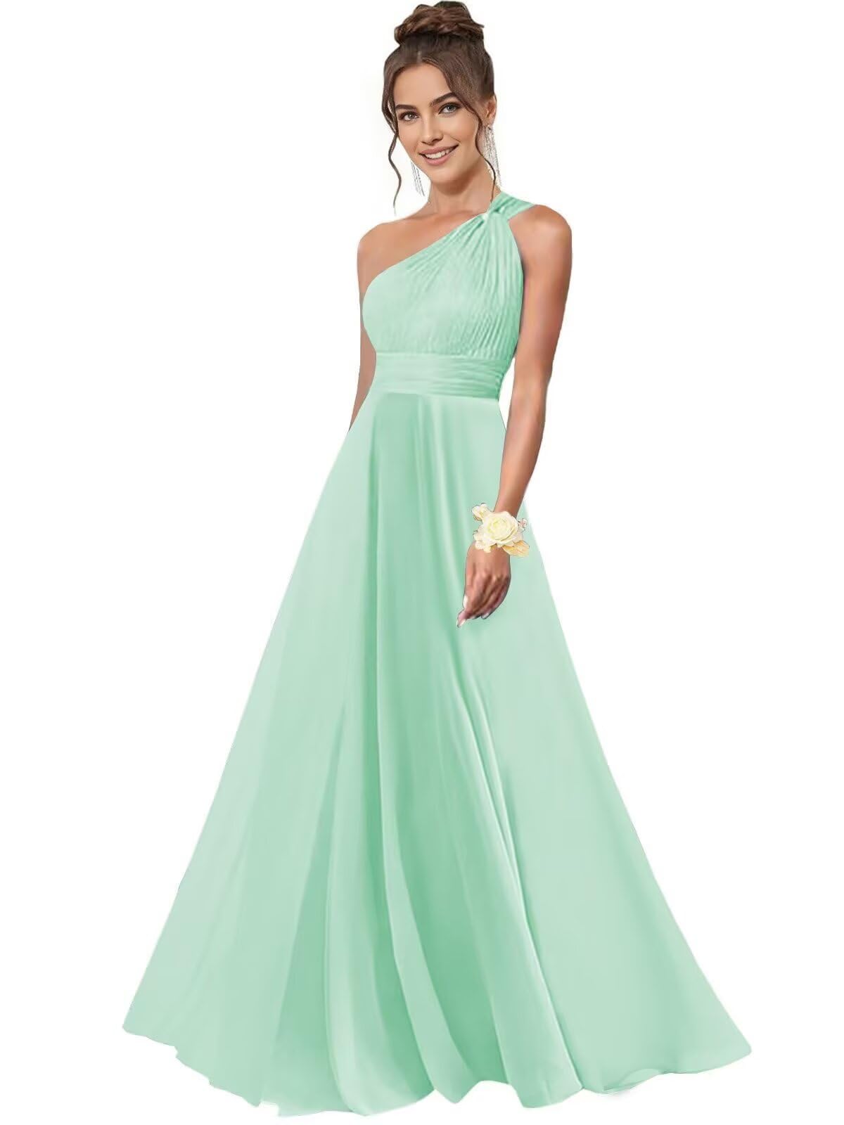 One Shoulder Bridesmaid Dresses for Women Chiffon A Line Pleated Long Formal Gowns with Pockets