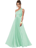 One Shoulder Bridesmaid Dresses for Women Chiffon A Line Pleated Long Formal Gowns with Pockets