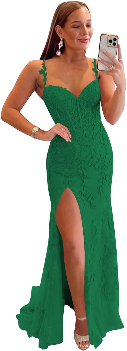Women's Lace Mermaid Prom Dresses Long with Slit Mermaid Spaghetti Straps Backless Formal Evening Gowns