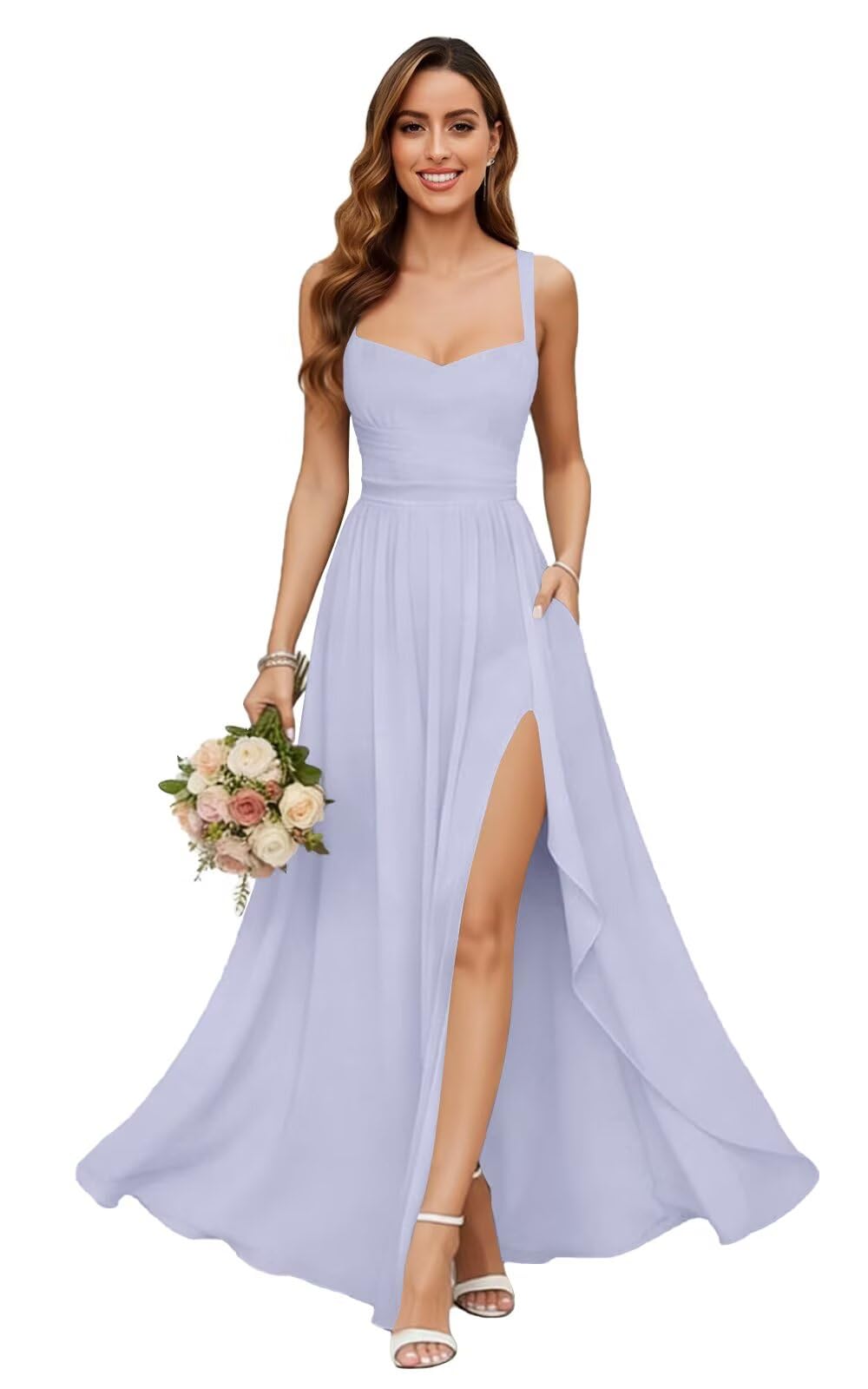 Chiffon Bridesmaid Dresses for Women Long Spaghetti Straps A-line Pleated Formal Evening Party Gowns with Pockets