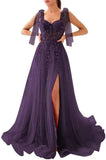 Appliques Tulle Lace Prom Dresses with Slit Spaghetti Straps Formal Evening Dress Sweetheart Ball Gowns