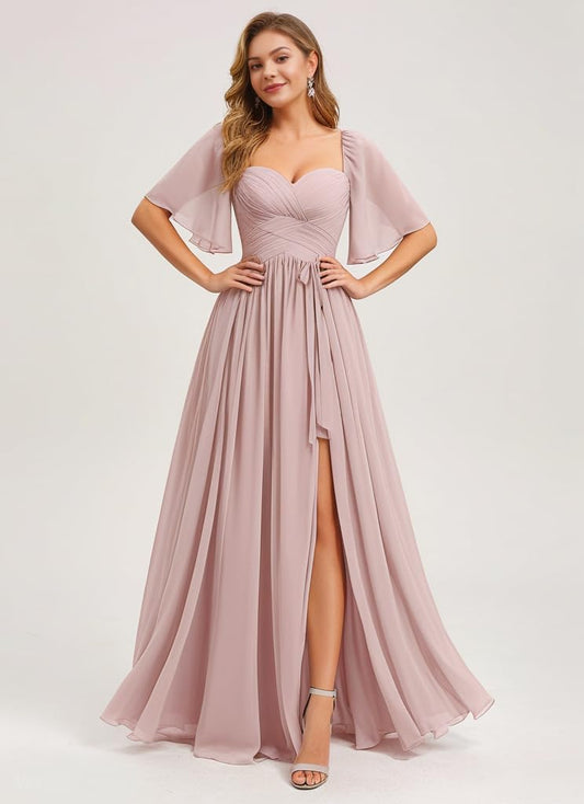 Women's Chiffon Bridesmaid Dresses for Wedding Flutter Sleeves Ruched A Line Long Formal Dress with Slit