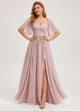 Women's Chiffon Bridesmaid Dresses for Wedding Flutter Sleeves Ruched A Line Long Formal Dress with Slit