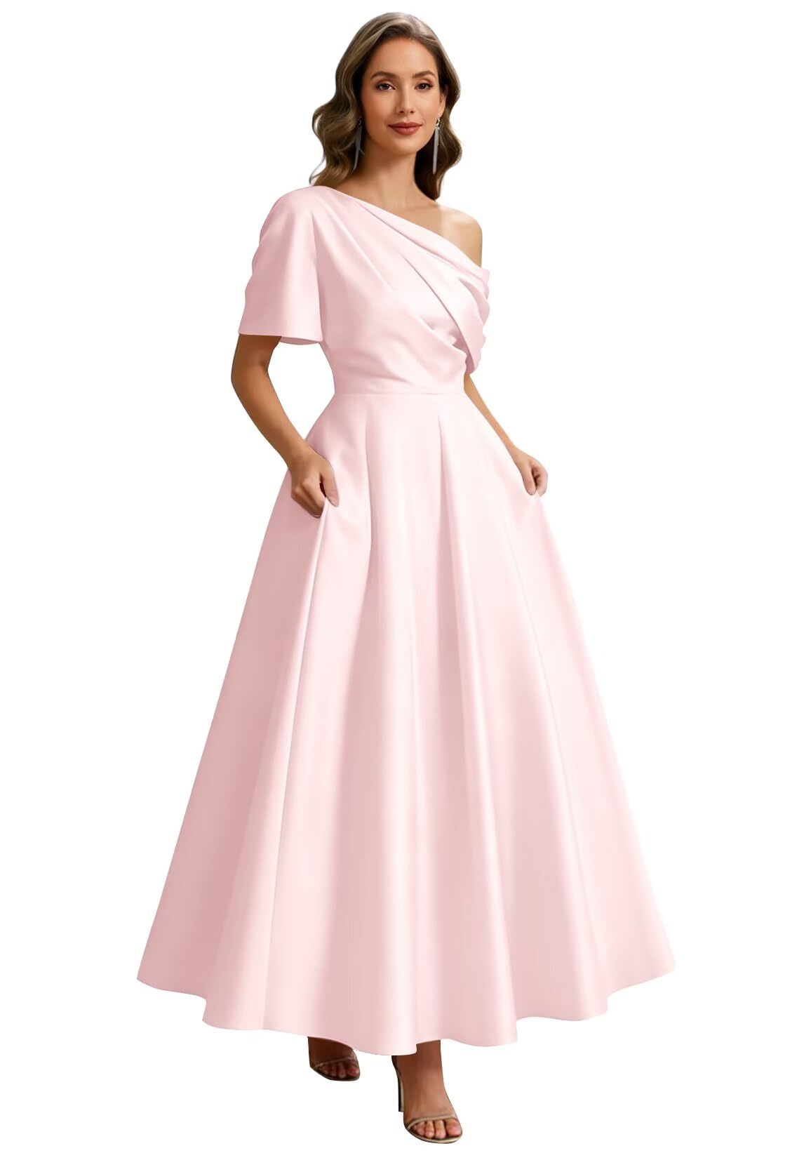 Kingbridal Satin Mother of The Bride Dresses for Women Tea Length Formal Dress One Shoulder Evening Party Gowns with Pockets