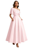 Kingbridal Satin Mother of The Bride Dresses for Women Tea Length Formal Dress One Shoulder Evening Party Gowns with Pockets