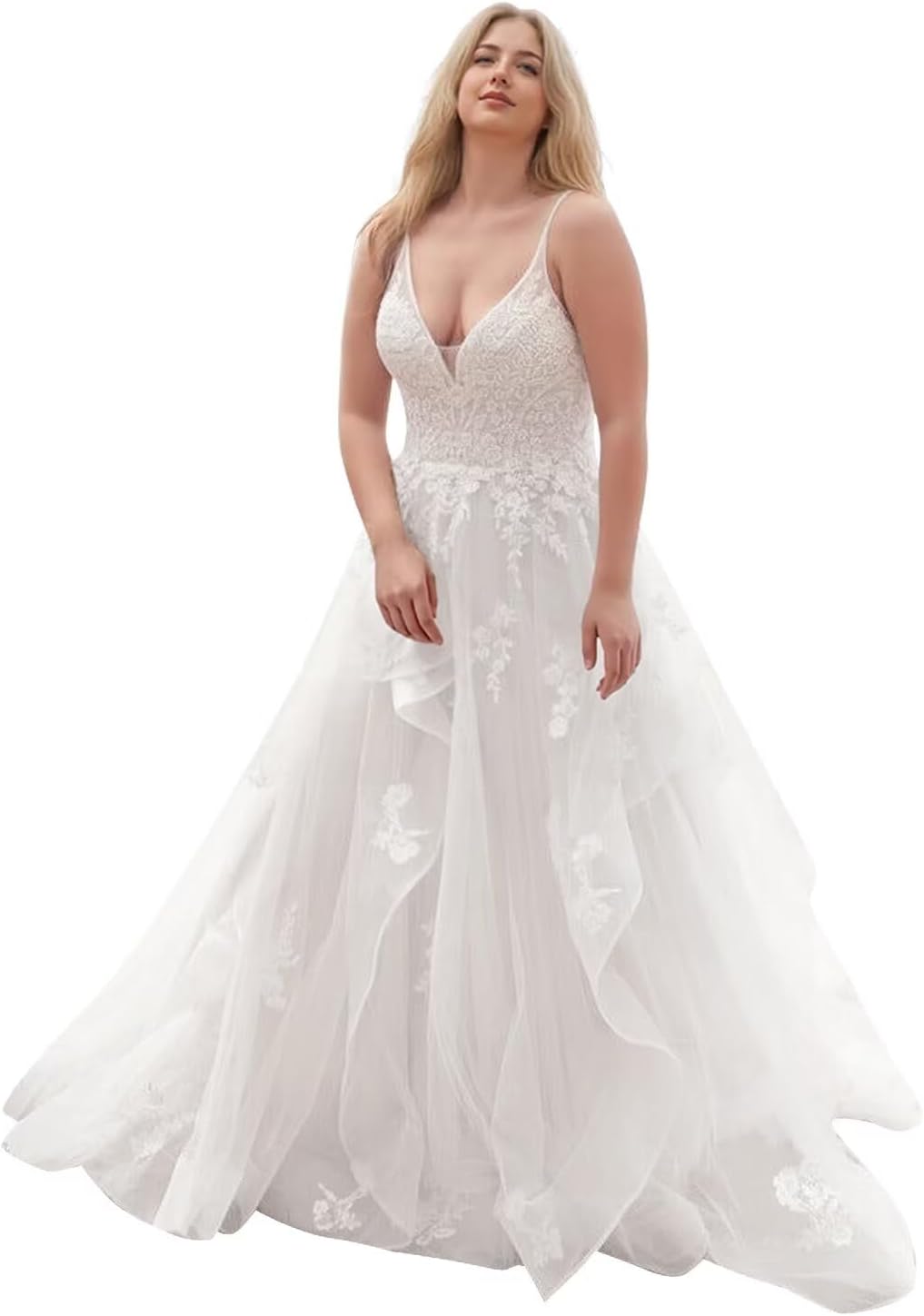 Kingbridal Gowns Lace Appliques Wedding Dresses for Bride Long V Neck Tulle Chiffon A-line Sleeveless Bridal Ball Gown for Women