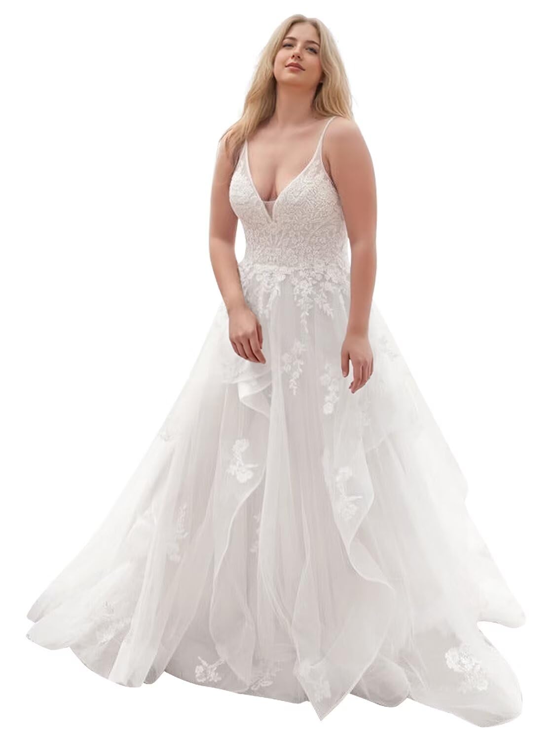 Kingbridal Gowns Lace Appliques Wedding Dresses for Bride Long V Neck Tulle Chiffon A-line Sleeveless Bridal Ball Gown for Women