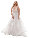 Kingbridal Gowns Lace Appliques Wedding Dresses for Bride Long V Neck Tulle Chiffon A-line Sleeveless Bridal Ball Gown for Women