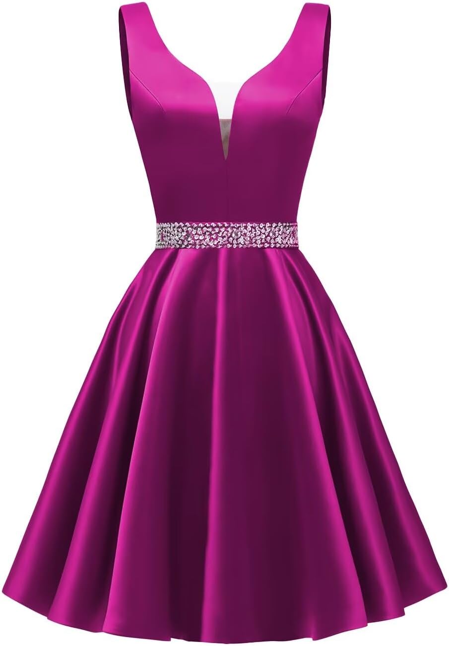 Satin Glitter Homecoming Dresses for Teens Short Prom Dress V-Neck Beaded Evening Formal Cocktail Party Gowns