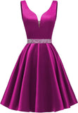 Satin Glitter Homecoming Dresses for Teens Short Prom Dress V-Neck Beaded Evening Formal Cocktail Party Gowns