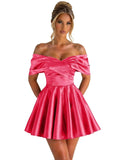 Off Shoulder Satin Homecoming Dresses for Teens 2026 Short Prom Dress A-line Pleated Cocktail Party Gowns
