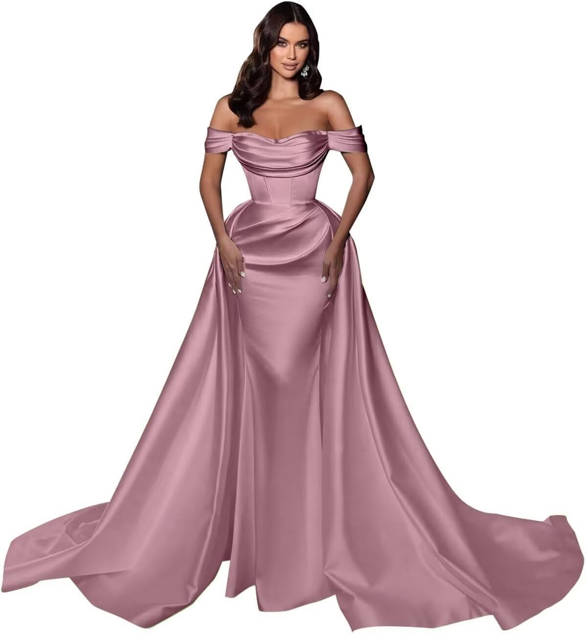 Mermaid Satin Prom Dresses for Women 2027 Long Off Shoulder Ruched Corset Formal Evening Dress Detachable Train