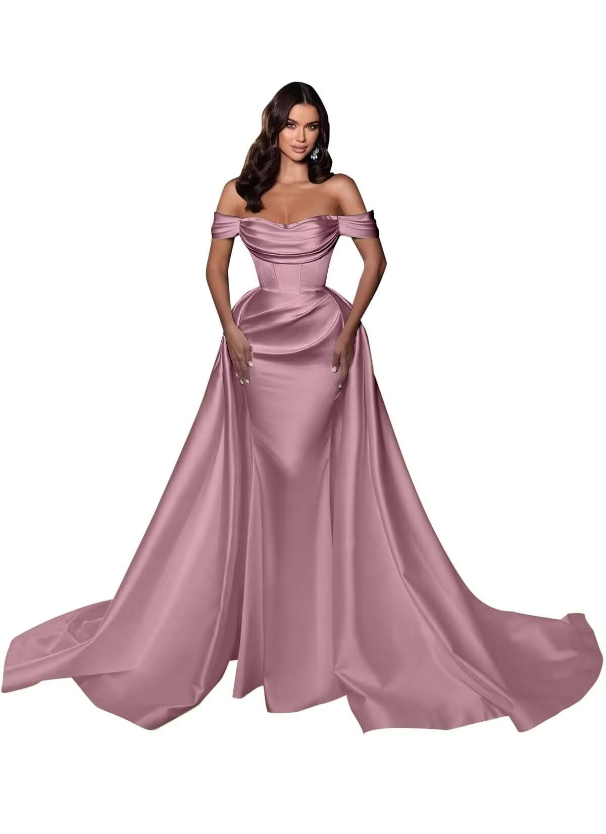 Mermaid Satin Prom Dresses for Women 2027 Long Off Shoulder Ruched Corset Formal Evening Dress Detachable Train
