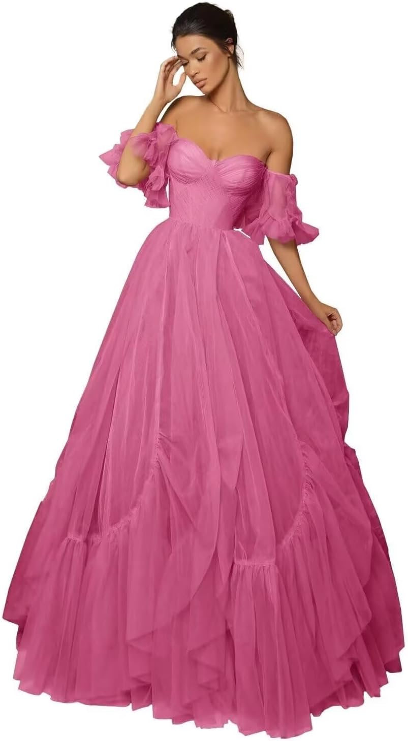 A-line Ruffled Short Sleeve Tulle Prom Dress for Women, Sweetheart Formal Gown Off The Shoulder Long Party Dress
