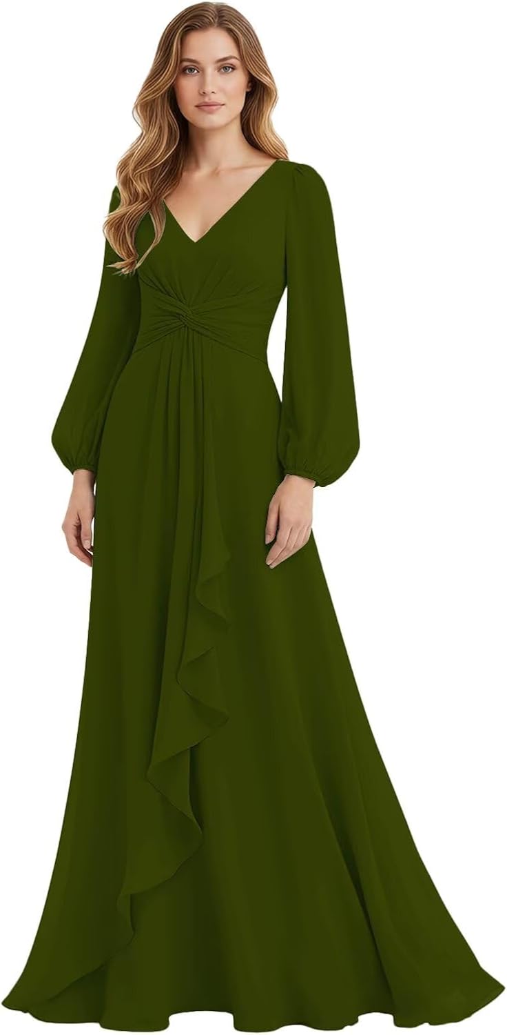 Women's Chiffon Bridesmaid Dresses Long Sleeve Ruffles V-Neck Pleated Formal Wedding Guest Dresses Mother of the bride Dress