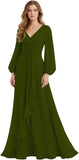 Women's Chiffon Bridesmaid Dresses Long Sleeve Ruffles V-Neck Pleated Formal Wedding Guest Dresses Mother of the bride Dress