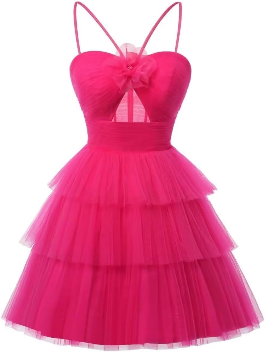 Tulle Homecoming Dresses 2027 Layered Spaghetti Straps Short Prom Dress A-Line Prom Cocktail Party Gown