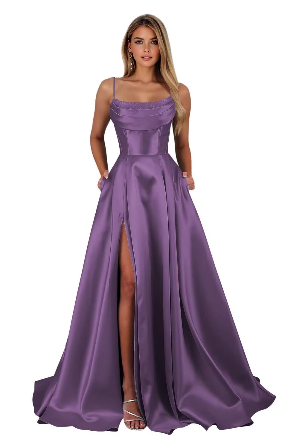 Satin Prom Dresses for Teens Long A-Line Cowl Neck Formal Evening Gown with Slit 2026 Maxi Ball Gowns