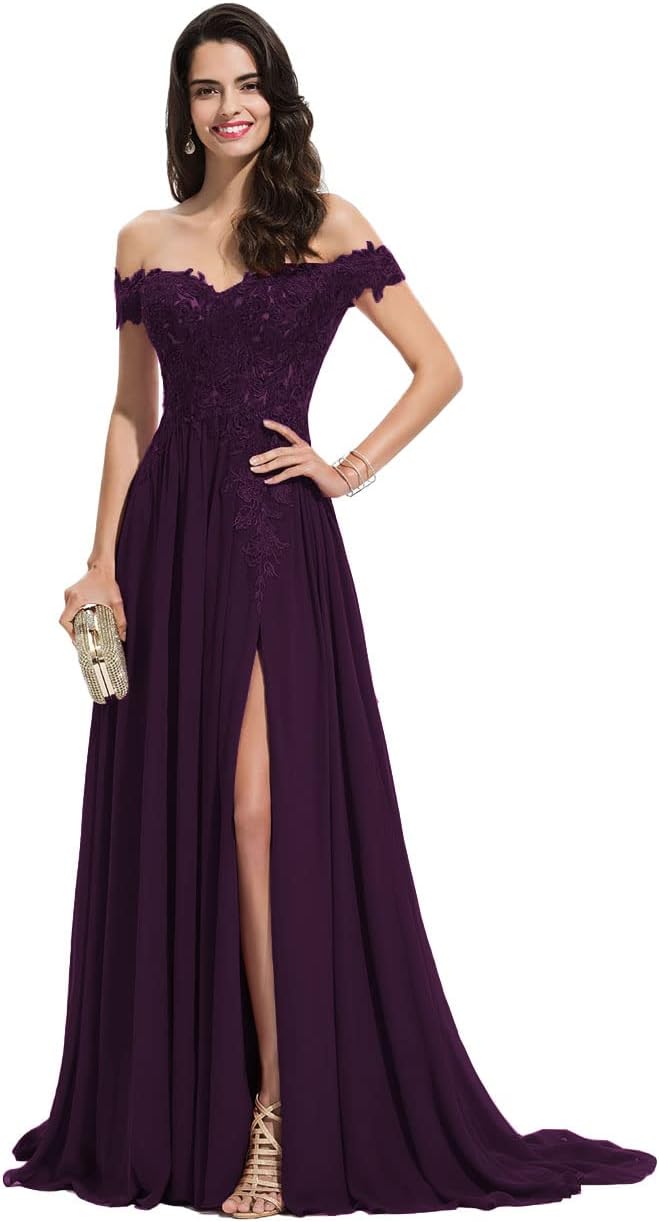 Women's Off The Shoulder Long Prom Dresses with Slit Lace Appliqued Chiffon Formal Party Gowns