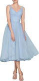 Tea Length A-Line V Neck Formal Evening Party Gowns for Women Sleeveless Puffy Midi Tulle Cocktail Prom Dress