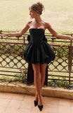 Satin Flower Bud Homecoming Dress Short Prom Dress with Bow Strapless A Line Mini Cocktail Party Gown