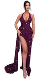 Sparkly Sequin Halter Prom Dresses for Women Mermaid Formal Dress with Slit Backless Ruched Evening Party Gowns