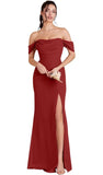 Kingbridal Gowns Off Shoulder Chiffon Bridesmaid Dresses for Women 2026 Long Ruched Cowl Neck Formal Evening Party Dress with Slit