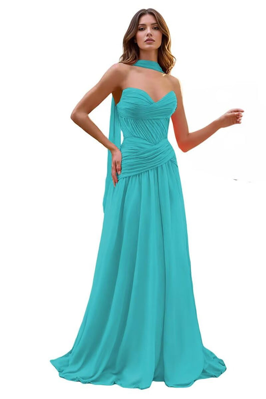 Chiffon Prom Dresses for Women Pleated Strapless Corset Gowns Long Wedding Guest Dresses with Scarf