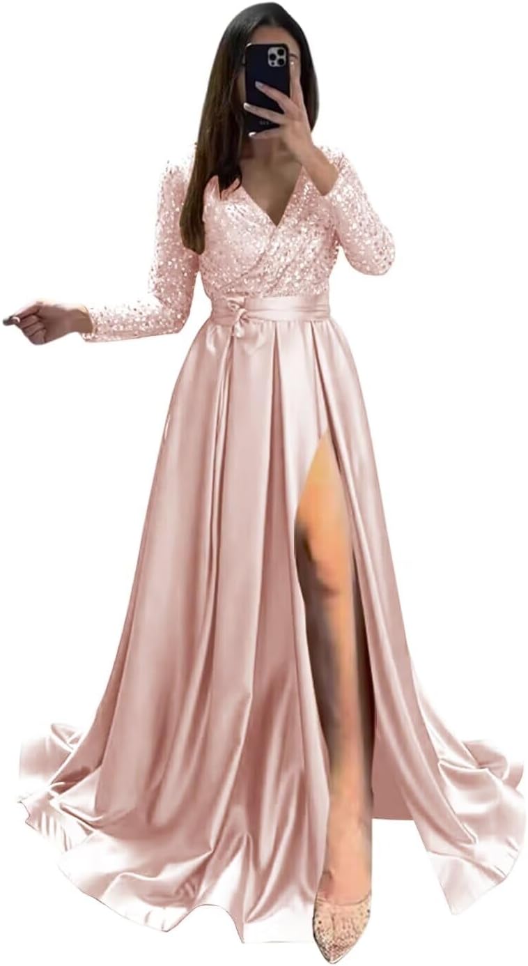 Long Sleeve Sequin Prom Dresses for Women 2027 Satin Formal Dress Sparkly Slit Evening Party Gown with Pocket